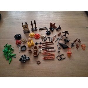 Large Lot of Over 60 Mini  Playmobil Parts Western Playset Parts Accessories